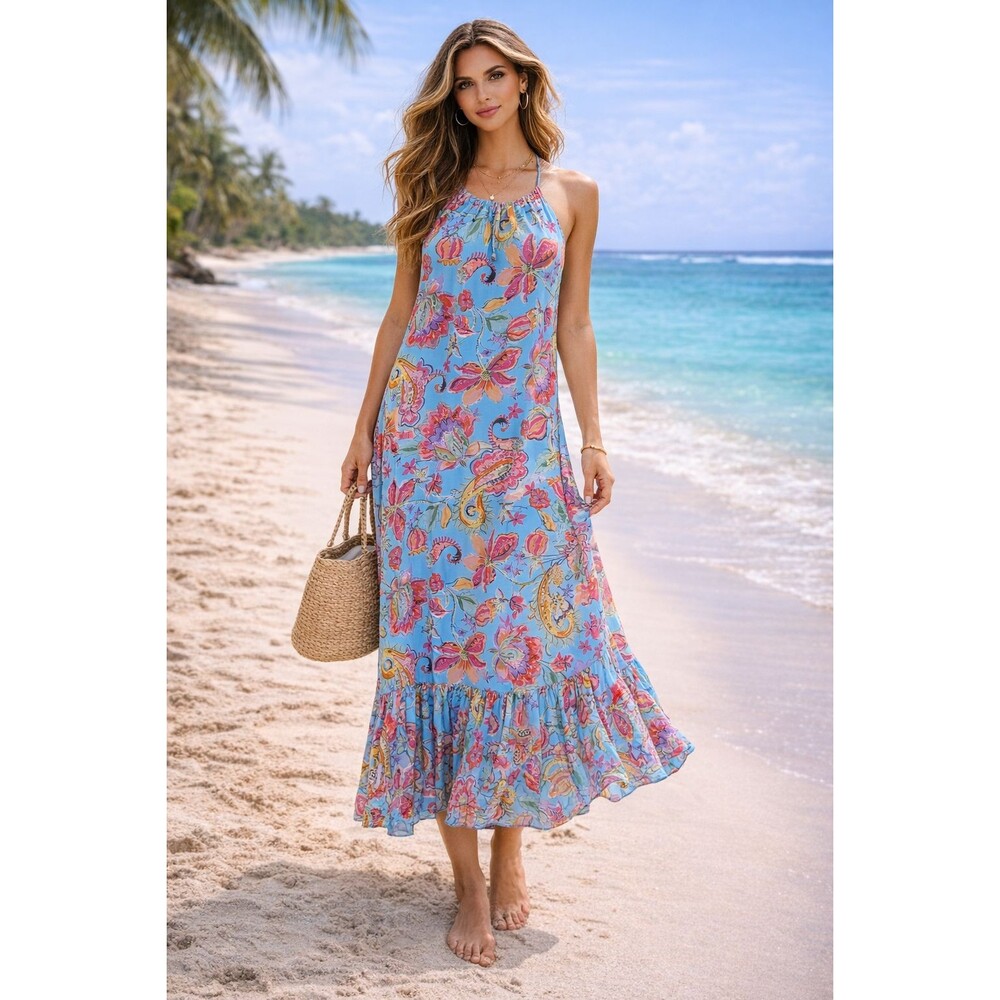 Nicole Miller Floral Tropical Sundress Maxi Dress XS Lined Ruffle Hem Beachy
